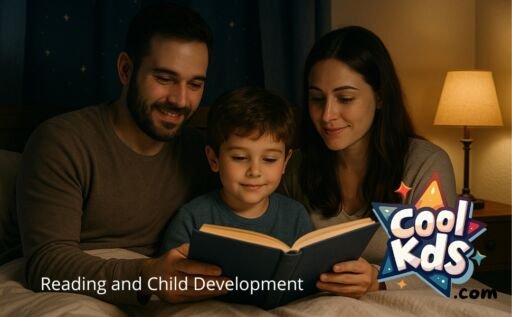 Parents reading with their child under warm light