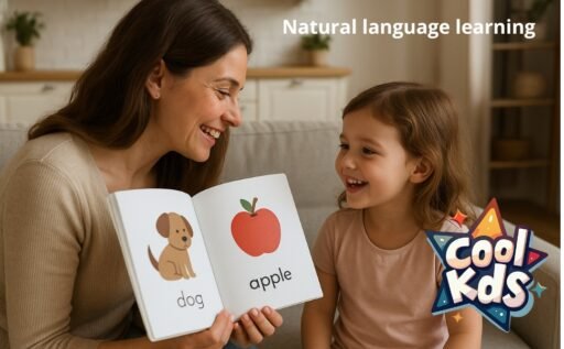 Mother and child enjoying a picture-book style vocabulary session in a warm, sunlit living room.